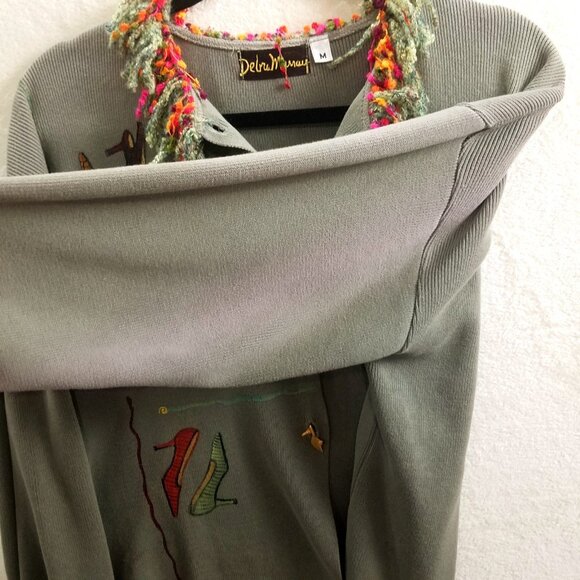 Debra Murray W M Vtg olive Wearable Art Hand Painted Shoe-Print Knit Cardigan - Picture 7 of 16